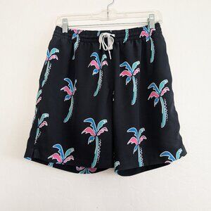 CHUBBIES Swim Trunks Men's M Black Palm Tree Print Beach Lined Pockets Tie Waist